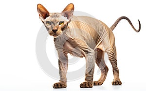 Sphinx Cat standing at the camera in front isolated of white background