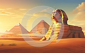 Sphinx on desert with pyramids in background.