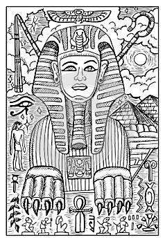 Sphinx, Egyptian mythology. Engraved fantasy illustration.