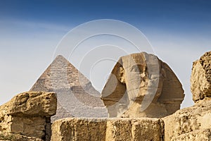 Sphinx in front of the Cheops pyramid, Giza, Egypt