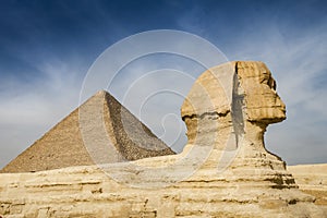 Sphinx in front of the Cheops pyramid, Giza, Egypt