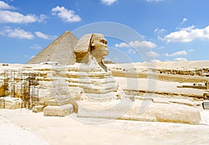 Sphinx and the Great Pyramid of Giza in the Egypt.