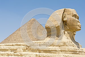 Sphinx and the great pyramid in Giza Necropolis, Egypt