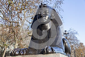 Sphinx guarding Cleopatra`s Needle on Victoria Embankment in London