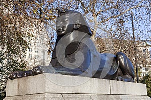 Sphinx guarding Cleopatra`s Needle on Victoria Embankment in London