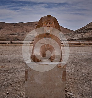 Sphinx of Hatshepsut at the entrance of mortuary Temple of Hatshepsut, Luxor, egypt .