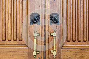 Sphinx heads entrance on wooden door