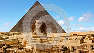The Sphinx and Pyramid in Calm sky,Cairo,Egypt.