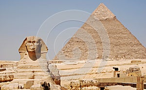 The Sphinx and pyramid of Kefren in Cairo, Giza, Egypt