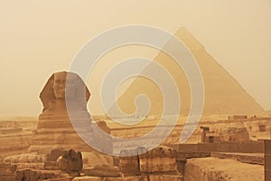 The Sphinx and Pyramid of Khafre in a sand storm, Cairo
