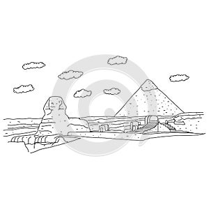 Sphinx and pyramids at Giza of Egypt vector illustration sketch doodle hand drawn with black lines isolated on white background.