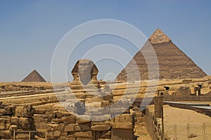 The Sphinx and the pyramids of Khafre (Chephren) and Menkaur (Mycerinus) in Giza - Cairo, Egypt