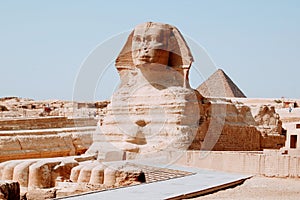 Sphinx and pyramids in the ruins of Giza, Egypt