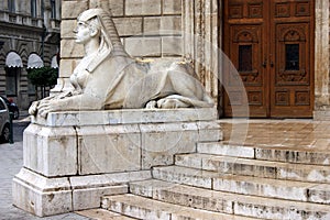 Sphinx sculpture at the steps of Hungarian State Opera House, Budapest, Hungary