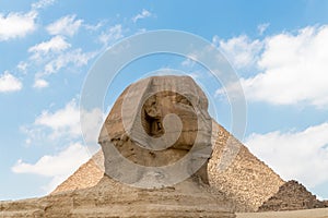 The Sphinx stand at the pharaoh`s entrance tomb complex in Giza