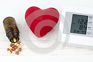 Sphygmomanometer, heart and pills on a sheet of EKG