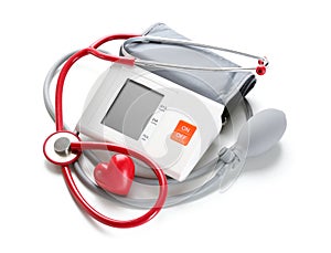 Sphygmomanometer with red heart and stethoscope on white background