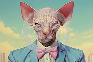 Sphynx cat in a blue jacket and bow