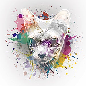 Sphynx cat in colorful paint splashes, paint splashes art design