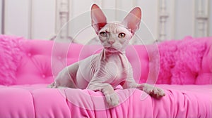 Sphynx Cat On Pink Couch: 32k Uhd, Textured, Layered Surfaces photo