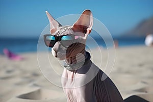 Sphynx cat in sunglasses on the beach near the sea, Generative AI 1