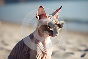 Sphynx cat in sunglasses on the beach near the sea, Generative AI