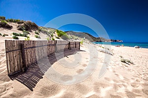 Spiaggia di San Nicolo and Spiaggia di Portixeddu beach in San Nicolo town, Costa Verde, Sardinia, Italy