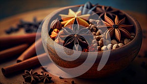 Spice bowl anise clove nutmeg star anise generated by AI
