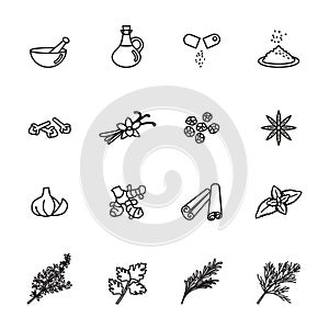 Spice, condiment and herb icons set. Line style stock vector.