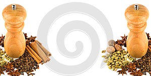 Spice grinder and spices set isolated on white. Collage. Wide photo. Free space for text