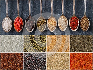 Spice and herbs background, collage of condiments