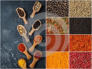 Spice and herbs background, collage of condiments.