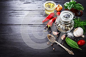 Spice and herbs still life of seasoning pepper