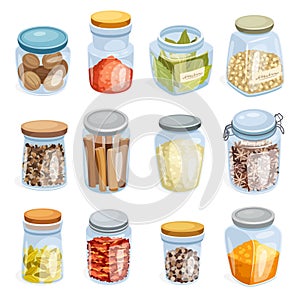 Spice jars. Glass jar bottle with kitchen seasonings, drying herbs seeds grain condiments healthy food ingredients for