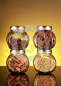 Spice Jars with Star Anise, Cloves, Cinnamon, Coriander Seeds