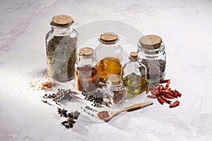 Spice jars on white background