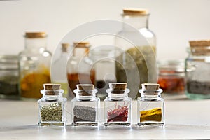 Spice jars on white background