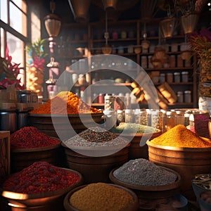 Spice market, Asian shop. Square illustration. AI generative