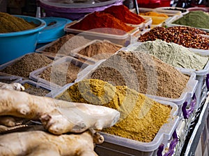 Spice market. Colorful Spices for sale at the farmer`s market shops