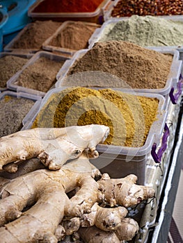 Spice market. Colorful Spices for sale at the farmer`s market shops