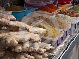 Spice market. Colorful Spices for sale at the farmer`s market shops