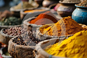 Spice Market. Diverse Bowls and Bags Overflowing with Aromatic Spices and Herbs for an International Cooking Odyssey