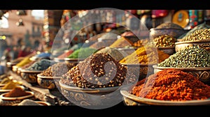 Spice market, far-off spices, heady scents, historic bazaar, cultural legacy, sunlight, and chromatic aberration