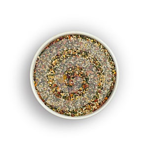 Spice mix for fish on white background.