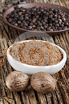 Spice nutmeg in whole and ground