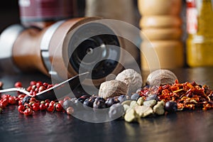 Spice and pepper grinder on slatr background