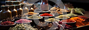 Spice powders on table banner with raw chili and bottles