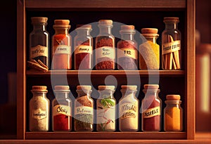 Spice rack, with stacked jars. Created with generative AI technology.