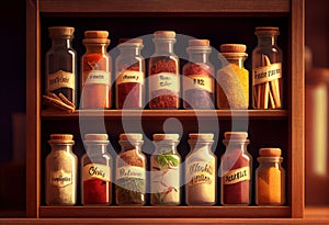 Spice rack, with stacked jars. Created with generative AI technology. photo