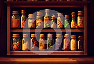 Spice rack, with stacked jars. Created with generative AI technology. photo